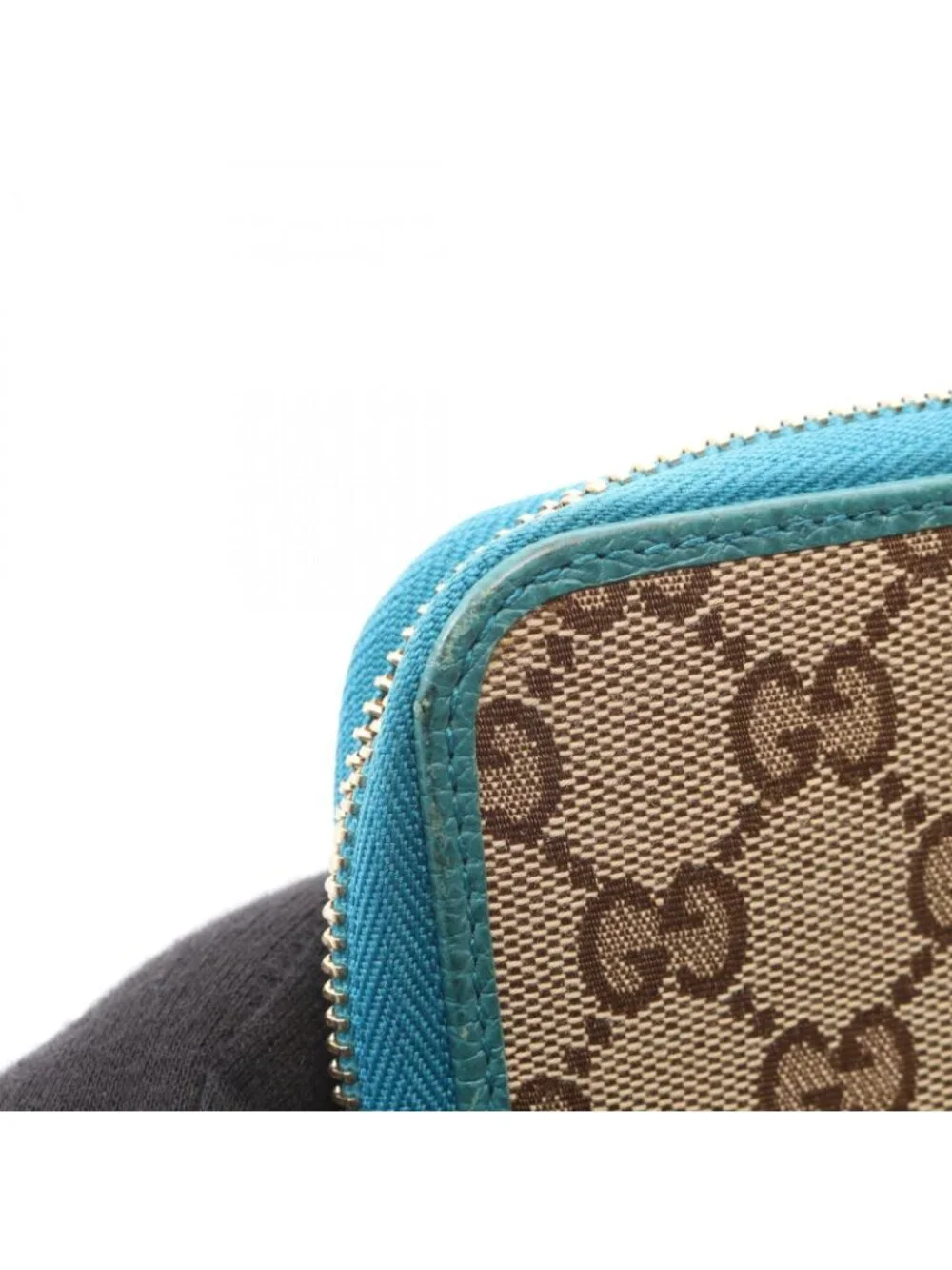 Gucci Round Length Wallet GG Canvas Beige Blue Zip Around